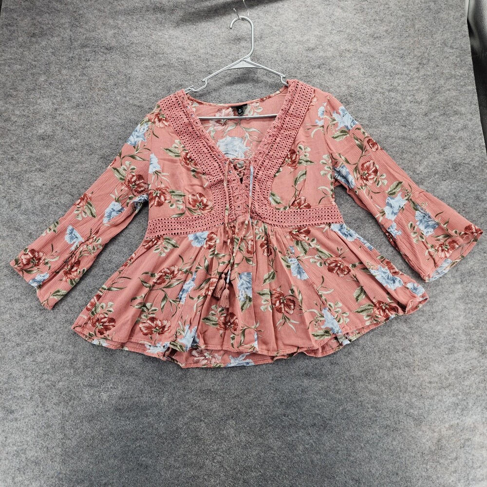 Torrid Shirt Womens 0 Large 3/4 Sleeve Coral Floral Flowy Crop